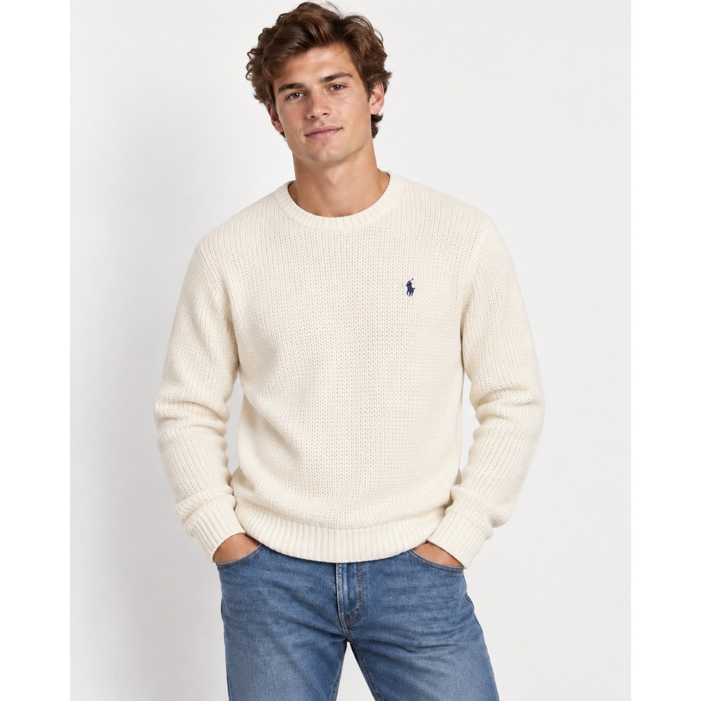 Ralph Lauren Polo Sport Sweater M Cream Cotton Preppy Ivy Old Money 90s Vintage
